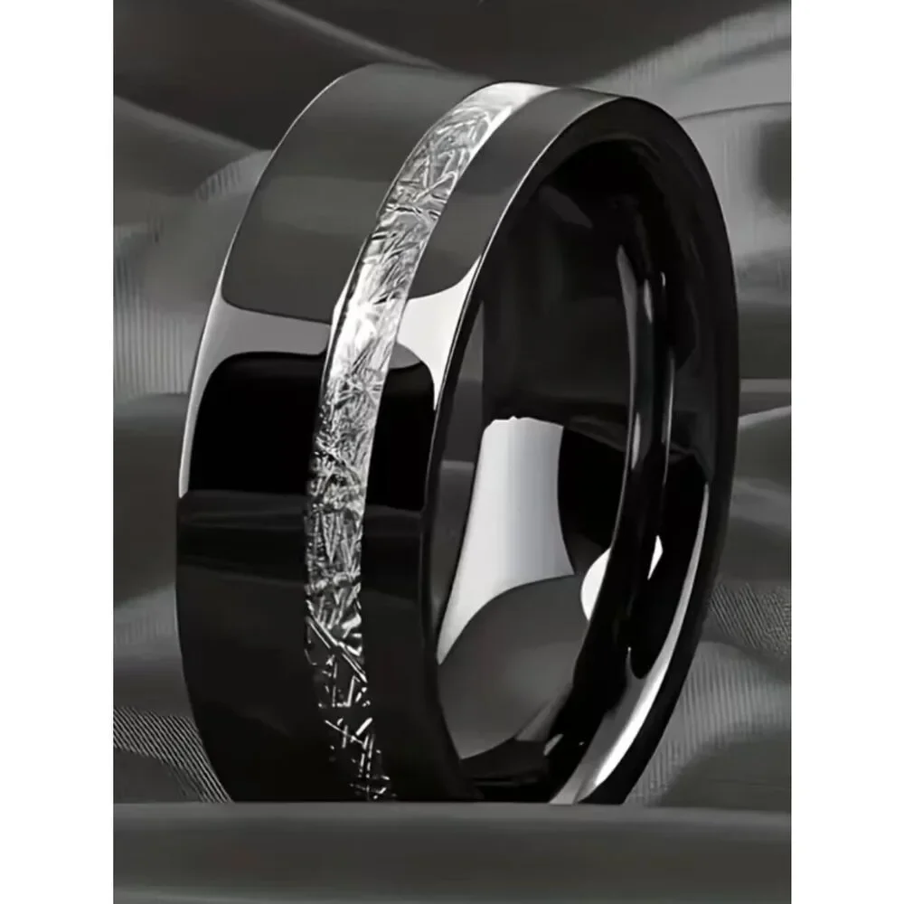 NWT Men's 8mm Black Stainless Steel Sequin Mosaic Inlay Wedding Band Ring